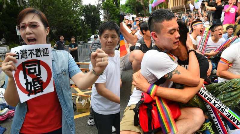 本月24日大法官宣告，法律未保障同婚已違憲。正反同婚群眾兩樣情！（報社合成照）