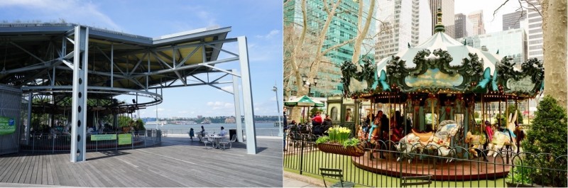 Hudson River Park綠建築概念的Pier 62 Carousel（左）和Bryant Park法國宮廷風格的Le Carrousel（右）是紐約另外兩座值得造訪的旋轉木馬。（圖：作者提供）
