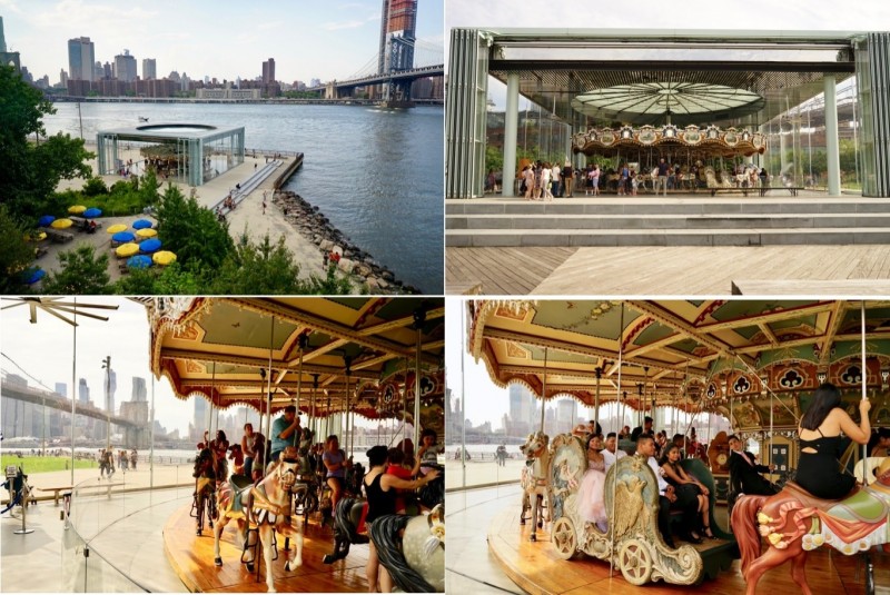 座落於DUMBO Brooklyn Bridge Park的Jane’s Carousel是紐約地點最好，景色最美的旋轉木馬。建築和旋轉木馬本身都是一件藝術品，吸引許多新人來此拍攝婚紗照。（圖：作者提供）