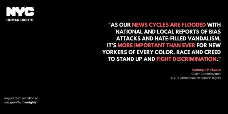 川普當選美國總統後，仇恨犯罪和種族歧視問題有變嚴重的趨勢，因此紐約市人權局也特別加強宣導反歧視的觀念。（圖：NYC Commission of Human Rights ）