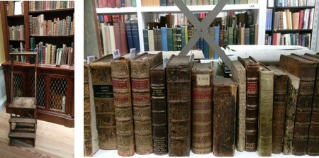 倫敦百年古書商內部，架上陳列為數眾多的古籍，每本皆為百年以上的稀世珍品，部分具有特殊裝幀設計。（作者攝於倫敦Maggs Bros. Ltd.，2018）