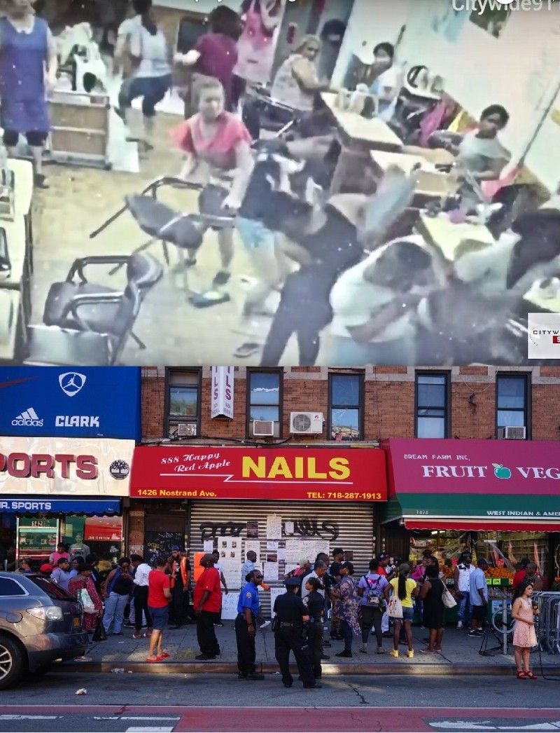 今年八月三日在Flatbush的一家華人美甲店發生店員持棍棒追打因為不滿意服務而拒絕付費的黑人顧客，引發當地黑人群眾憤怒抗議，希望店家永久關門。（圖：翻拍自網路與作者提供）