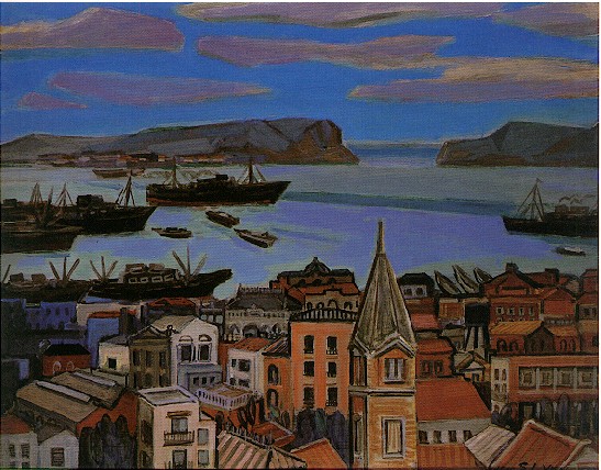 顏水龍，高雄港，1958年，木板．油彩65×91cm。（圖片來源：文化部《台灣網路美術館》網站）