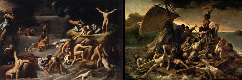 左【圖 10】Antonio Carracci, The Flood, 1616-18. Oil on canvas, 166 x 247 cm. Musée du Louvre. 右【圖 11】Théodore Géricault, The Raft of the Medusa, 1818-19. Oil on wood panel, 491 x 716 cm. Musée du Louvre.