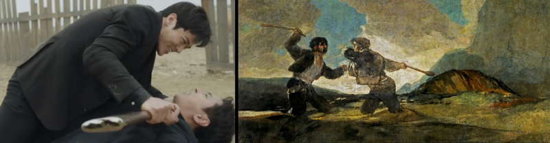 左【圖 5】兩位主角打鬥場面。右【圖 6】Francisco Goya, Fight with Cudgels, 1820-23. Oil on canvas, 123 x 266 cm, Museo del Prado, Madrid.
