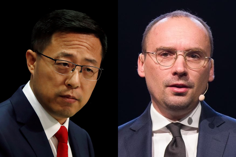 中共戰狼趙立堅（左）日前狠話嗆「立陶宛將被掃進歷史垃圾堆」，卻遭立陶宛國會議員Matas Maldeikis（右）一句話全部反嗆回去：「共產主義已經在那裡（歷史垃圾堆）」。（路透社／取自馬爾德基斯臉書）