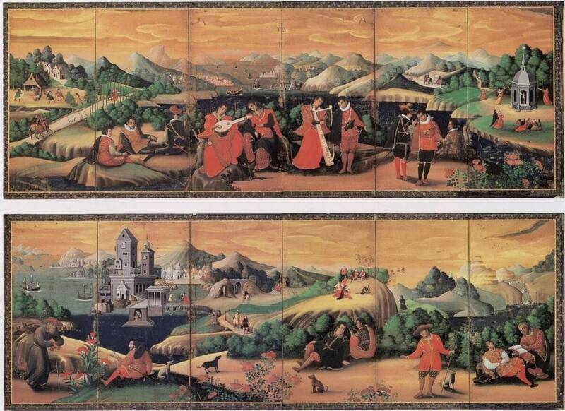 【圖2】《洋人奏樂圖屏風》，桃山時期，永青文庫。圖版來源：福岡市美術館編，《日本美術のなかの西洋 : 安土桃山・江戶のニューアート》，頁70。