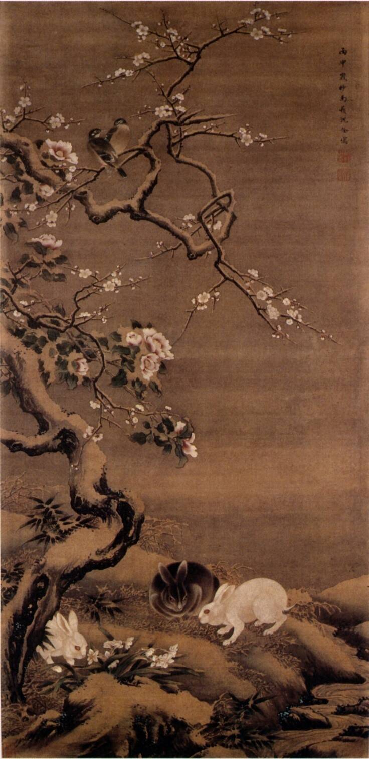 【圖5】沈南蘋，《雪梅群兔圖》，江戶時期，私人收藏。圖版來源：千秋美術館編，《秋田蘭画とその時代展》，頁21。