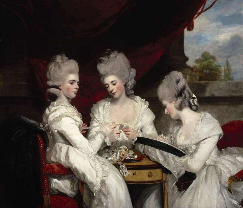 Sir Joshua Reynolds, The Ladies Waldegrave, 1780, oil on canvas, Scottish National Gallery, Edinburgh. Reynolds受託為2nd Earl Waldegrave的三位未婚女兒繪製肖像，以吸引潛在求婚者。這樣的上流階層是Reynolds肖像畫的主要顧客群。 