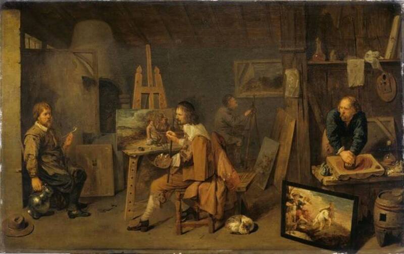 David Rijckaert, Painters in a Studio, 1638, oil on panel, Louvre Museum. 這裡展現出畫家工作室裡各種勞動姿態：研磨顏料、繪製草稿、畫下眼前的模特兒