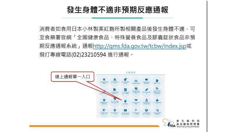 若消費者發生身體不適及非預期反應，亦可上食藥署網站通報或是撥打專線（02-23210594）通報。（圖／食藥署）