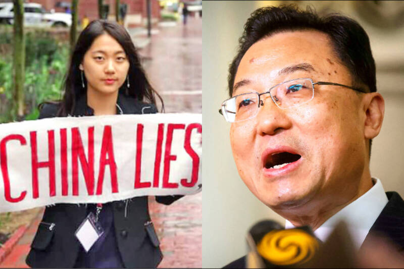 中國駐美國大使謝（右））20日在哈佛大學甘迺迪學院發表演說，遭到台灣和西藏學生4度抗議。左為擔任「抵抗中共學生聯盟」共同主席的台裔美籍學生吳亭樺。（報社合成／路透社，抵抗中共學生聯盟提供）