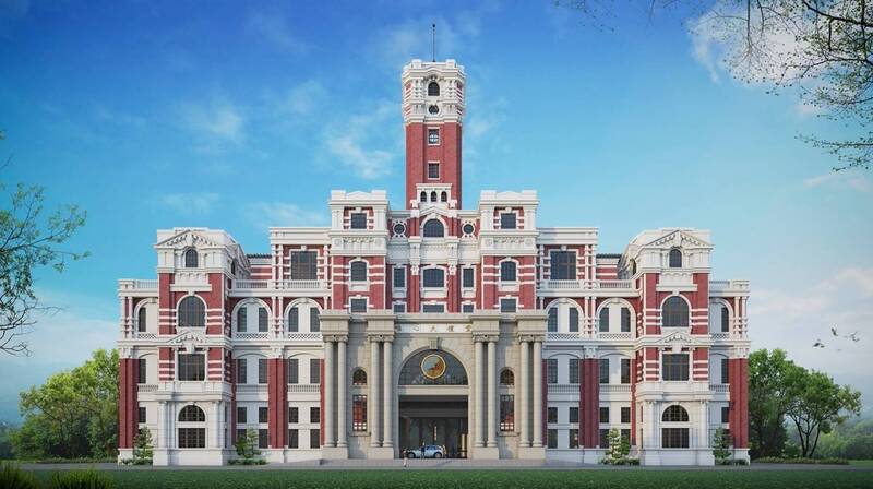 唯心聖教大禮堂的建築外觀圖，猶如總統府翻版，引發熱議。（唯心聖教提供）