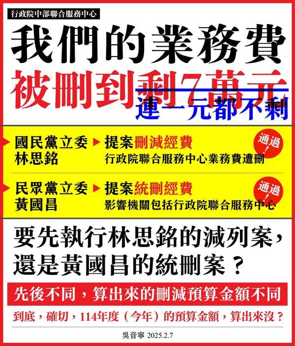 中辦的業務費也不只被刪到剩約7萬，而是被刪光了！。（取自貼文）