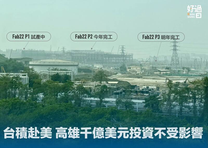台積高雄首廠（F22廠P1）A區去年底開始裝機，目前進入試產，4月開始量產。圖為台積高雄廠區目前狀況。（圖:Claudius，取自貼文）