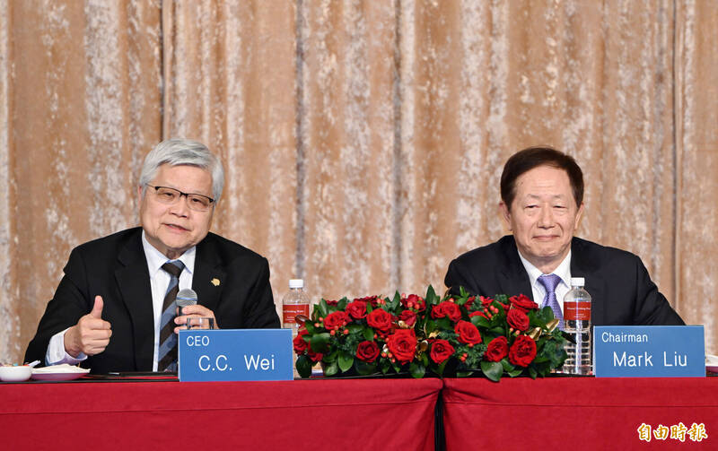 台積電去年法說會，由時任董事長劉德音（右），與總裁魏哲家（左）分別說明。（資料照）