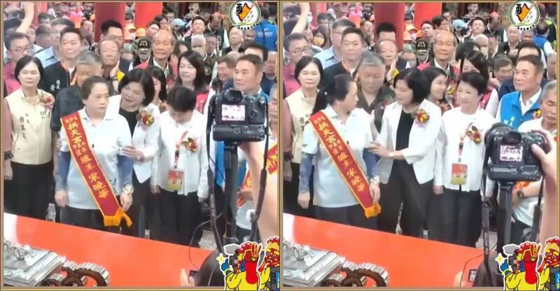 雲林縣長張麗善參加白沙屯媽祖進香活動，在參拜儀式過程中，竟「動手」將原本在前方的爐主往旁邊移。（圖擷取自白沙屯拱天宮臉書）