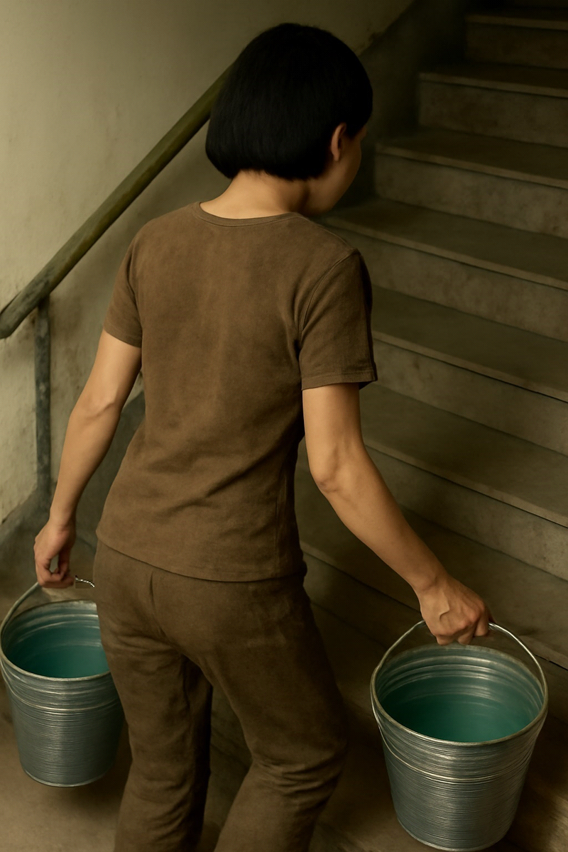 平壤30層公寓沒有電梯，水龍頭也沒水，每天都得從地下二層的水泵房打水，提兩桶水爬上25樓後，我全身都溼透了。（chat GPT Image，作者提供）