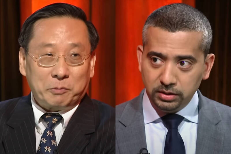 在半島電視台（Al Jazeera）主持人哈山（Mehdi Raza Hasan）訪問下潰不成軍的高志凱。（本報合成／圖翻攝自Al Jazeera English YT頻道）