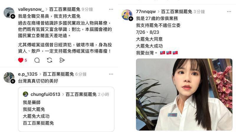 社群平台「Threads」在投票前掀起＃百工百業挺罷免浪潮，各行各行傳遞自己為何支持大罷免。（資料照，記者林哲遠翻攝）