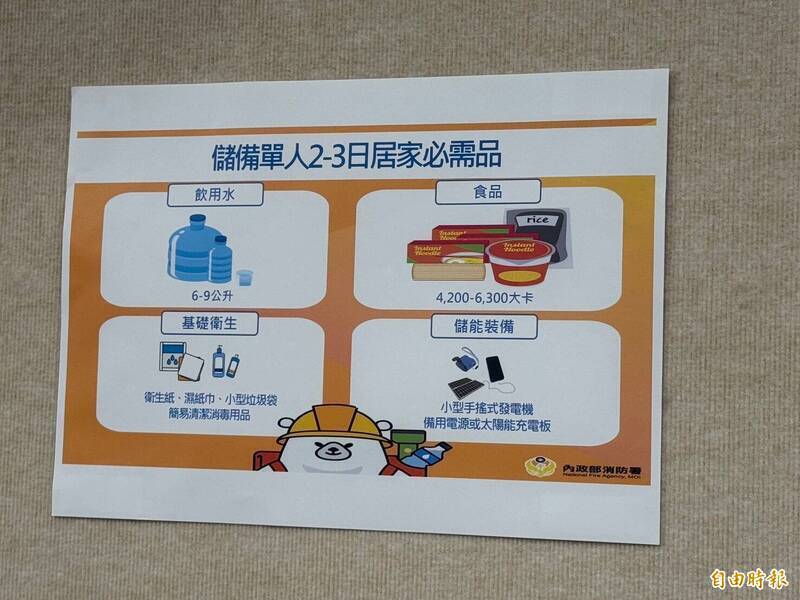 內政部在全社會防衛韌性委員會的會後記者會，示範緊急避難包的物資清單。（資料照）
