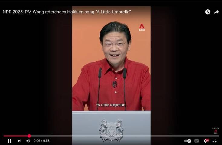 新加坡總理黃循財引用台灣歌曲《一支小雨傘》，比喻星國人民在風雨挑戰中彼此扶持。（取自貼文）