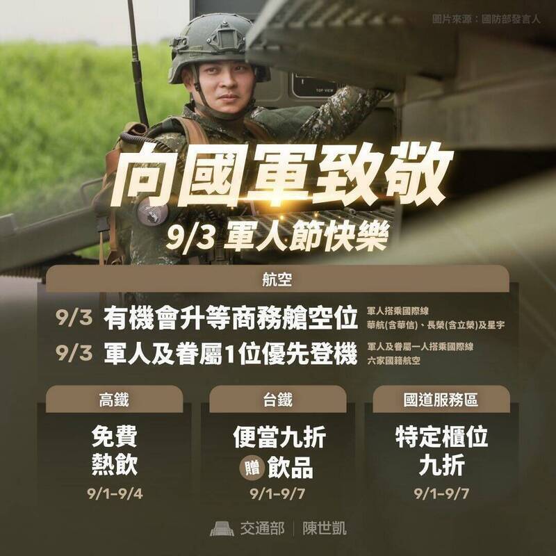 交通部長陳世凱號召局署機關、民間業者，推出系列軍人節專屬優惠活動。（資料照，取自交通部Threads）
