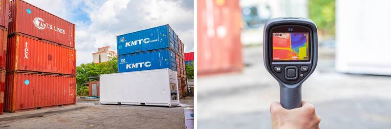 施用高耐候隔熱塗料的貨櫃比其他未施用的貨櫃經測溫儀檢測後，發現溫度大幅降低。（工研院提供）