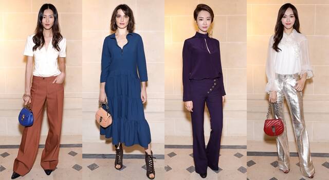 Chloé 2018春夏時裝秀，邀請中國超模劉雯（左起）、好萊塢女星Rachel Weisz、韓國女星高俊熙、中國女演員唐嫣等名人擔任觀秀嘉賓。（資料照，Chloé提供）