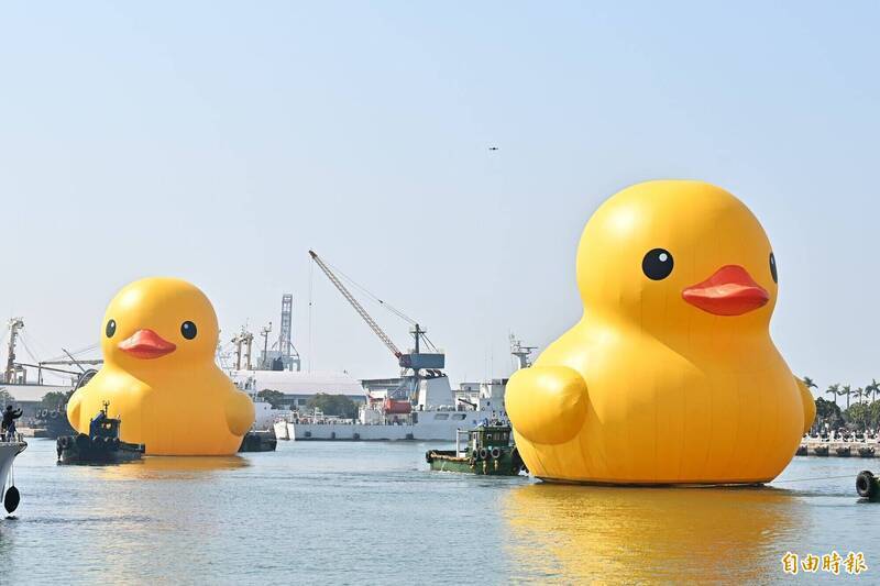 2024年2隻小鴨緩緩「游」進愛河灣，現場民眾直呼「卡哇伊」。（資料照）