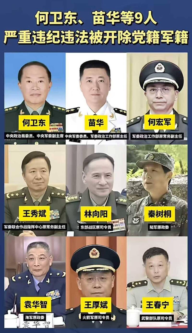 中國國防部10月17日以肅貪為由，將中央軍事委員會副主席何衛東、前軍委政治工作部主任苗華等9名共軍上將開除黨籍。（取自貼文）