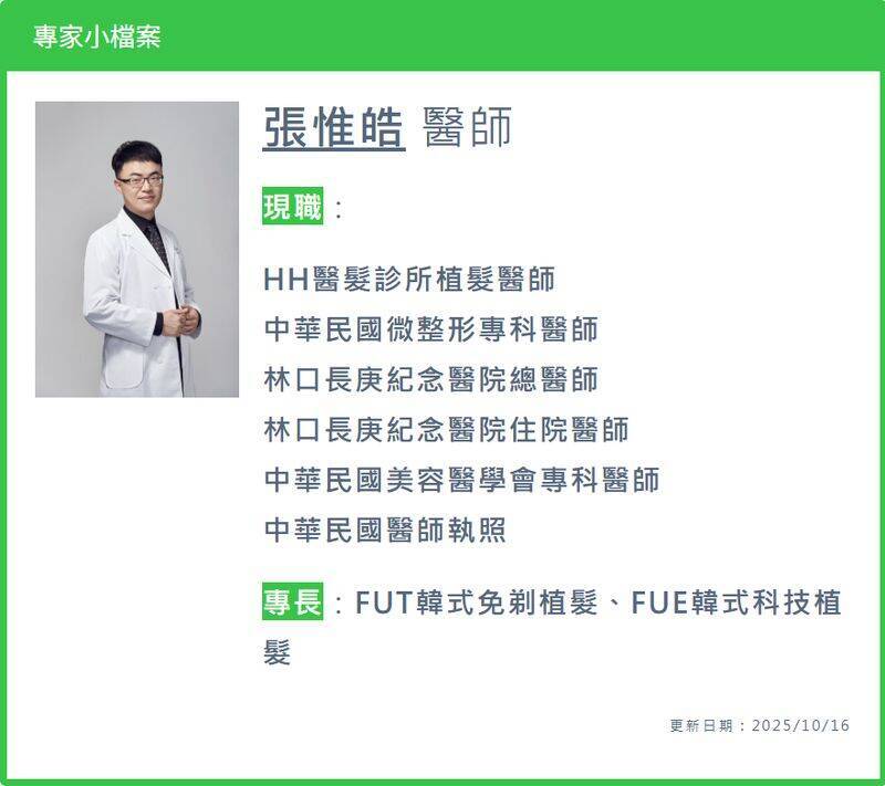 HH醫髮診所韓式植髮醫師張惟皓個人檔案。（取自貼文）