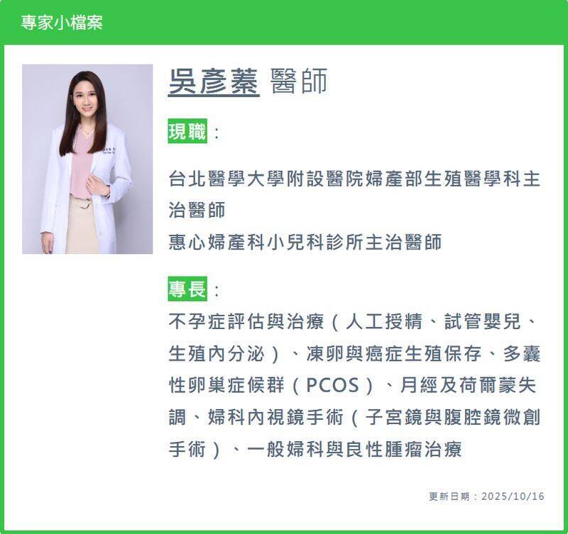 惠心婦產科小兒科診所醫師吳彥蓁個人檔案。（取自貼文）