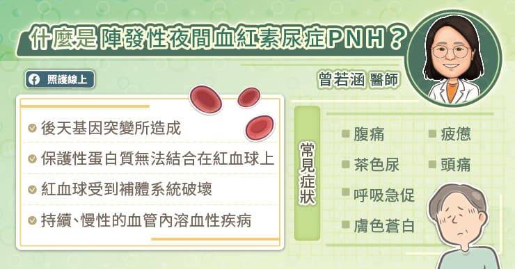 陣發性夜間血紅素尿症常見症狀有腰痛、茶色尿、呼吸急促、膚色蒼白、疲倦及頭痛等。（取自貼文）