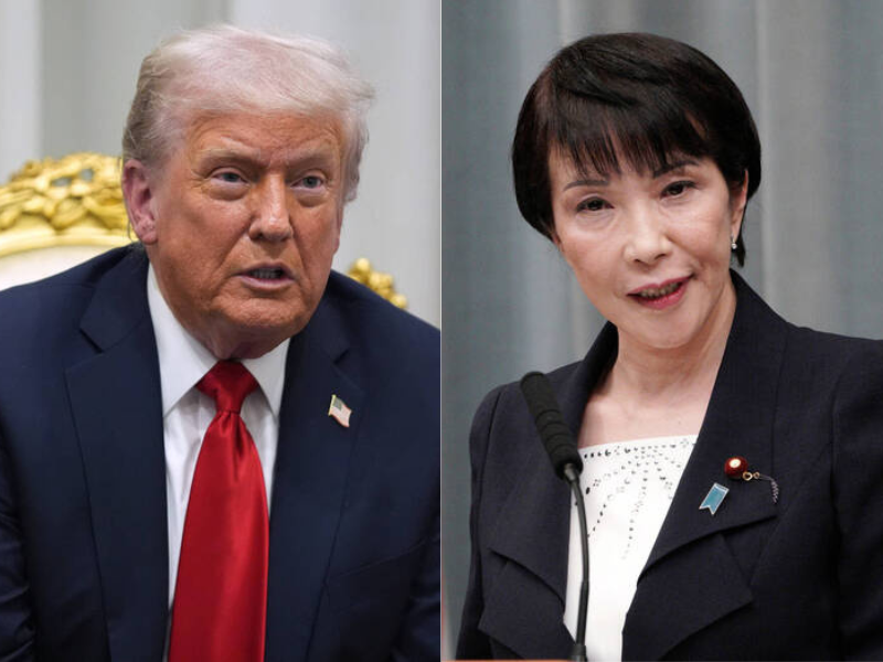 美國總統川普（左）的表態、日本首相高市早苗（右）的戰略判斷都指出，台灣是自由世界的防線。（圖取自美聯社，本報合成）