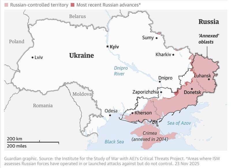 普廷要求承認俄羅斯擁有克里米亞、頓巴斯、加上目前佔領烏克蘭其他地區的土地。（取自貼文）