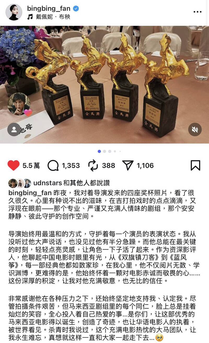 中國女演員范冰冰獲得金馬獎後，於Instagram發布五百字長文。（翻攝自IG@bingbing_fan）