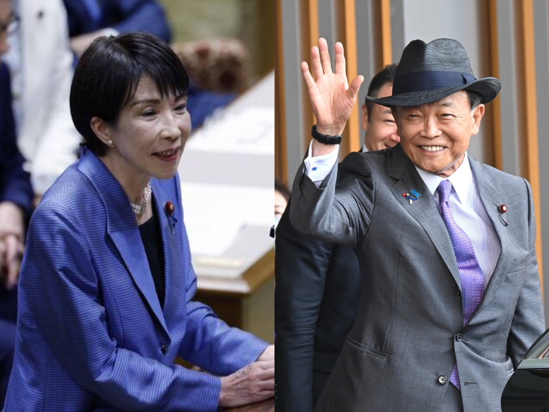 日本自民黨副總裁麻生太郎公開表態支持首相高市早苗有關「台灣有事」的言論。（圖取自歐新社、資料照，本報合成）