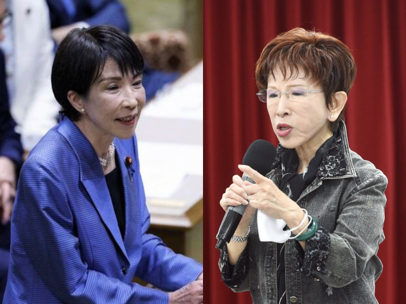 前國民黨主席洪秀柱（右），批評日本首相高市早苗（左）的台灣有事論是對台灣發出的「不當信號」。（圖取自歐新社、資料照，本報合成）