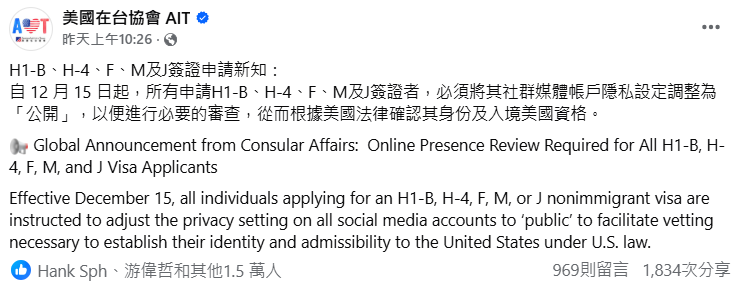AIT宣布，自15日起，台灣人再來簽美國簽證要看社群網路發文。（擷取自臉書@美國在台協會 AIT）