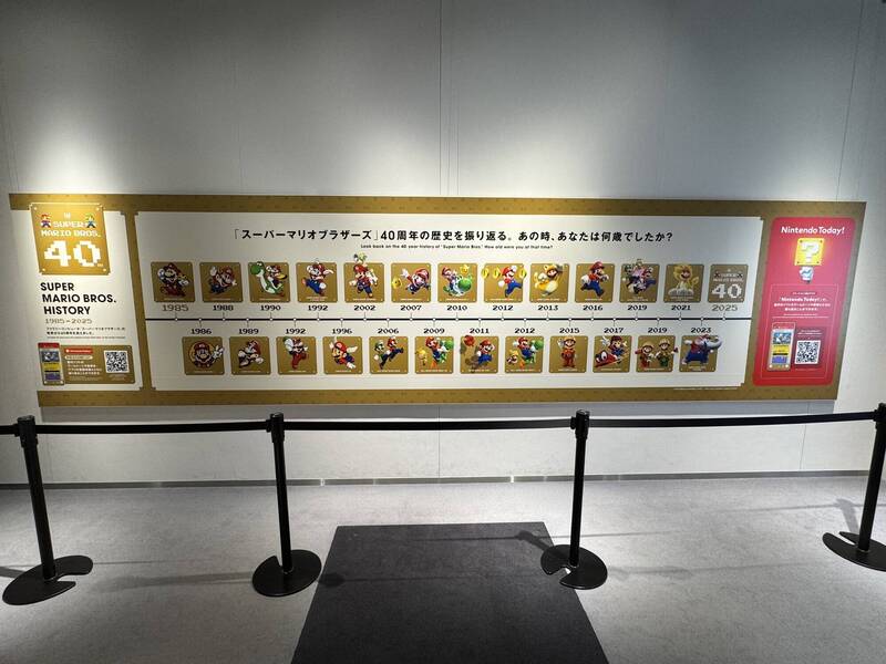 任天堂博物館入門處擺著一張瑪利歐40年來的產品歷程，讓參觀民眾可自行思考自己是哪一年迷上瑪利歐的。（作者提供）