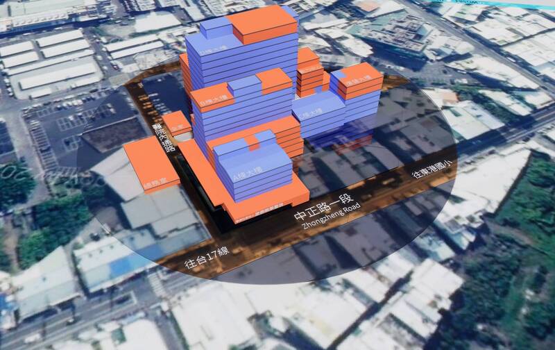 屏縣府表示，東港安泰醫院範圍內幾近一半是未申請建照的違法建築物（見圖橘色處）。（屏東縣政府提供）