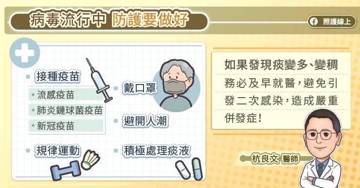 在病毒大流行的季節，民眾應做好防護，包括戴口罩、避開人潮、接種疫苗，並保持規律運動，以提升自身免疫力。（取自貼文）