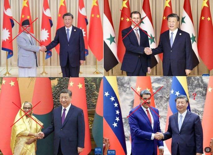 習近平好朋友尼泊爾前總理奧利（圖左上）、孟加拉前總理哈西娜（圖左下）、敘利亞前總統阿塞德（圖右上）和委內瑞拉總統馬杜羅（圖右下）相繼倒台了。（取自貼文）