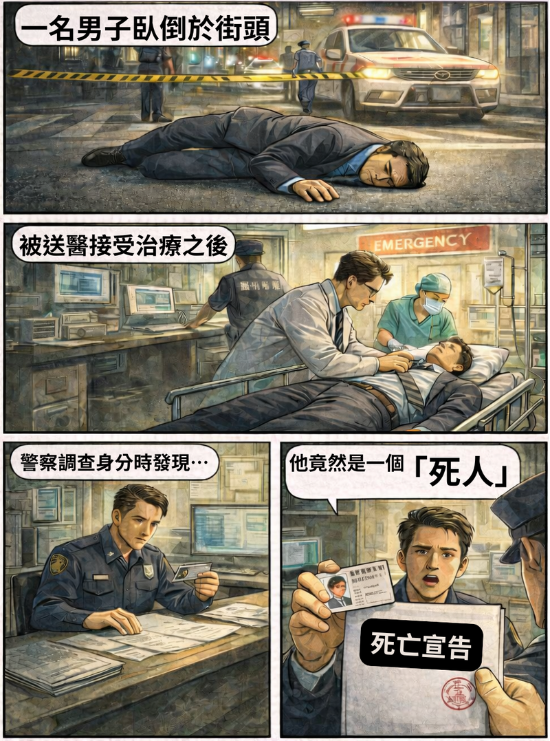 近期有則新聞報導指出，有名男子去年3月7日倒臥於台北市南港區街頭，進一步查證發現，李男早在2007年即遭法院宣告死亡。（取自貼文）