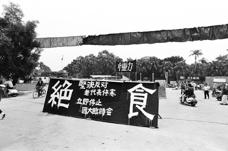 1991年4月，鄭麗君投入反老賊修憲絕食運動。「台灣學生教授制憲聯盟」為了反對國民黨一黨修憲，教授與學運團體決定在台灣大學校門口發起「反對末代老賊修憲」絕食抗議活動，鄭麗君在台大門口參與絕食七天。（攝影/邱萬興，取自貼文）