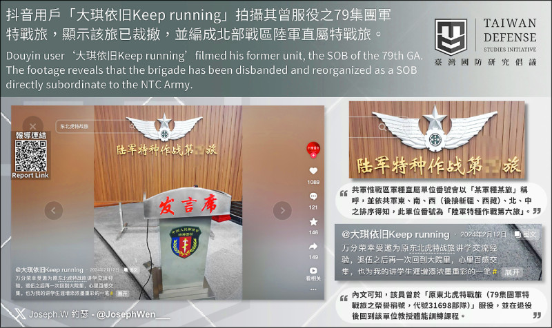 圖1︰抖音用戶「大琪依旧 Keep running」拍攝其曾服役之79集團軍特戰旅，內容顯示該旅已裁撤，並編成北部戰區陸軍直屬特戰旅。（作者綜整）
