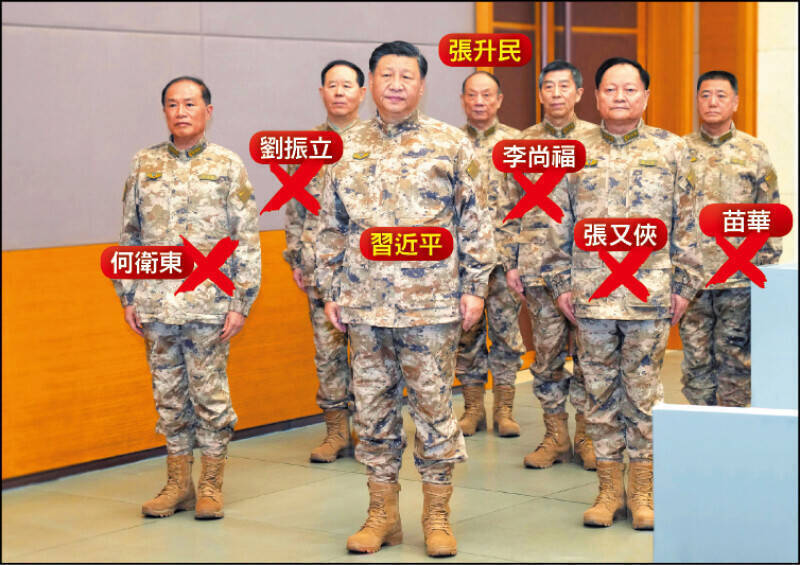 2022年中共二十大後，習近平與新軍委會成員，身穿迷彩服視察中央軍委會聯合作戰指揮中心，如今除了張升民，其他5人都已落馬。（美聯社檔案照）