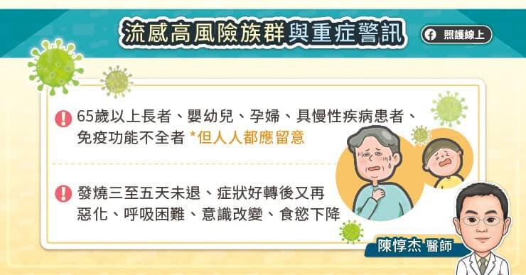 若得流感發燒超過三至五天未退，或症狀好轉後又再度高燒，甚至出現呼吸困難、意識改變、食慾下降等情況，都有可能是重症警訊。（取自貼文）