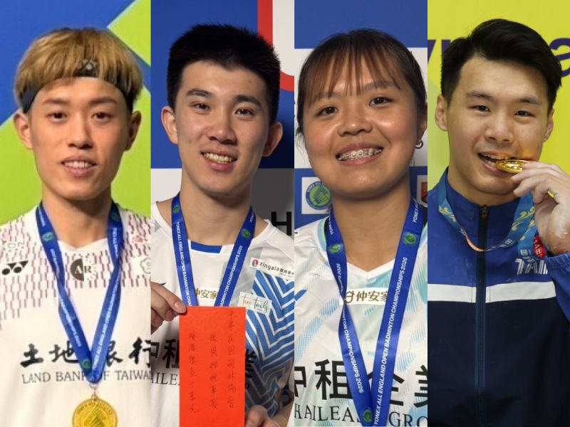 3月8日，3組台灣運動選手紛紛在國際賽事中榮獲第一。左起為林俊易、葉宏蔚、詹又蓁與唐嘉鴻。（土銀、羽協、全運會提供，本報合成）